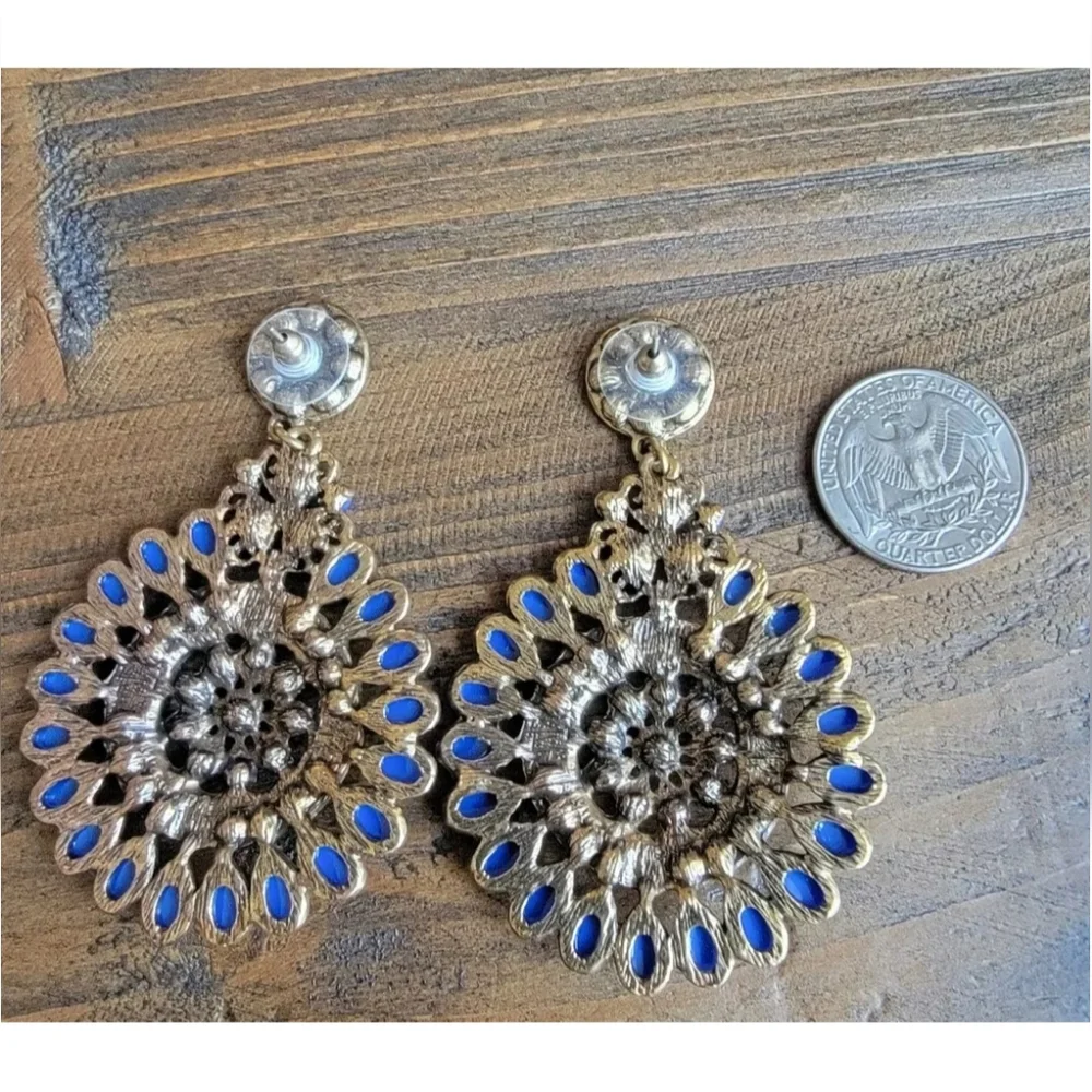 Unique Bohemian South Western Concho Oversized Blossom Dangle Earrings Blue/Red - Picture 3 of 4